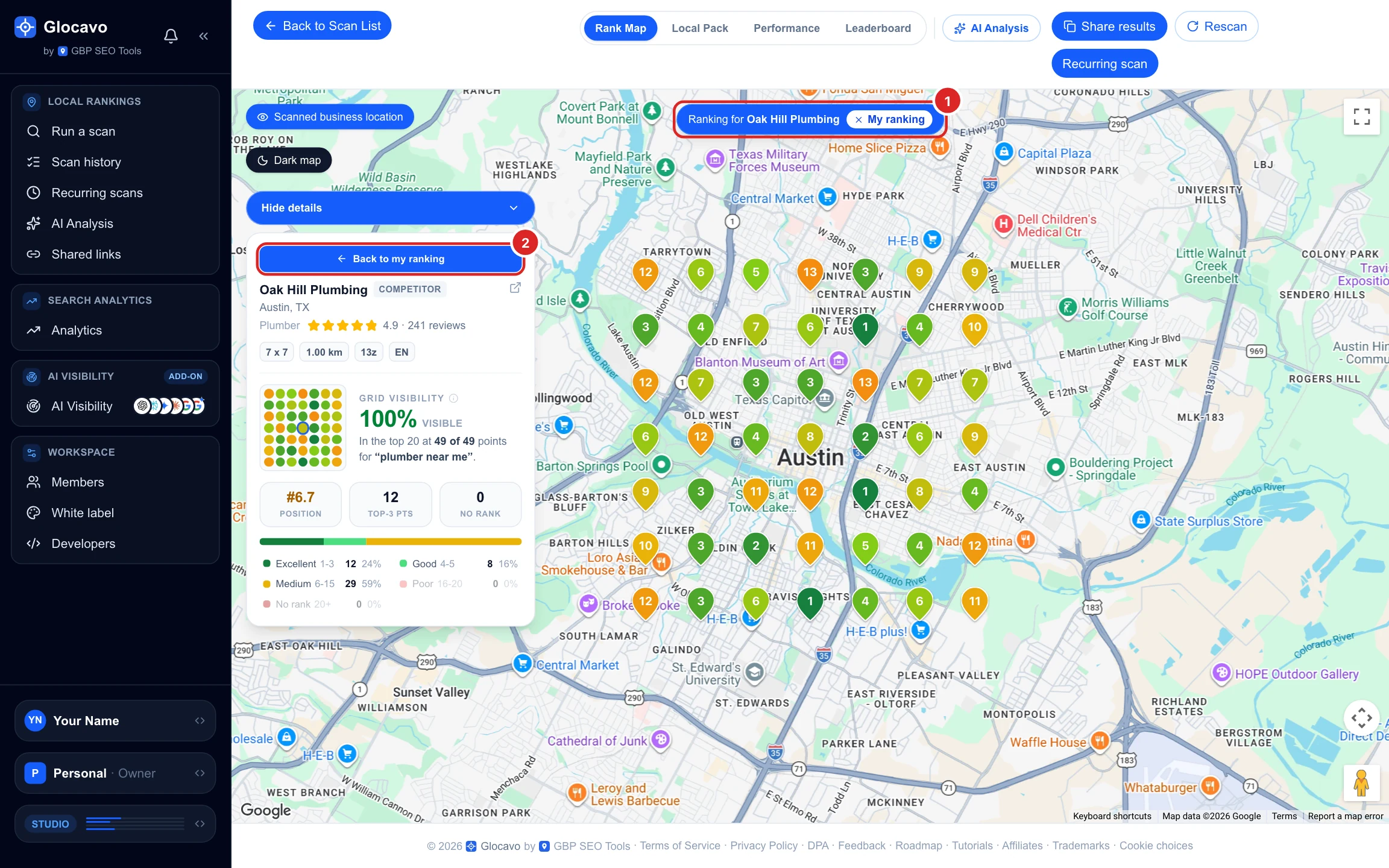 The rank map redrawn with Oak Hill Plumbing's rank at every point, a Ranking for Oak Hill Plumbing banner and the Back to my ranking button