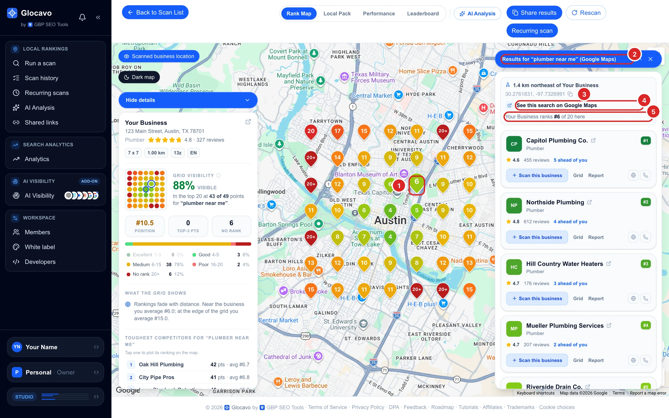 A clicked pin and the panel with the results for plumber near me, the distance from the business, the coordinates, the See this search on Google Maps link and your rank at that point