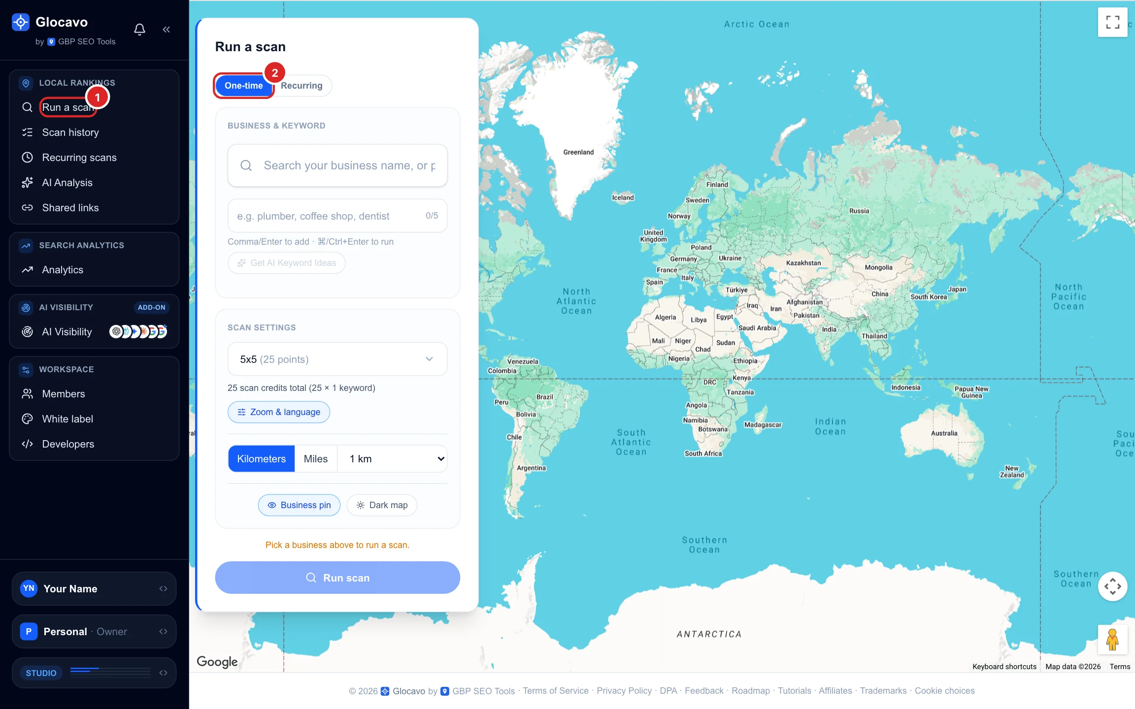 The Glocavo Run a scan form next to a world map, with the sidebar item and the One-time option highlighted