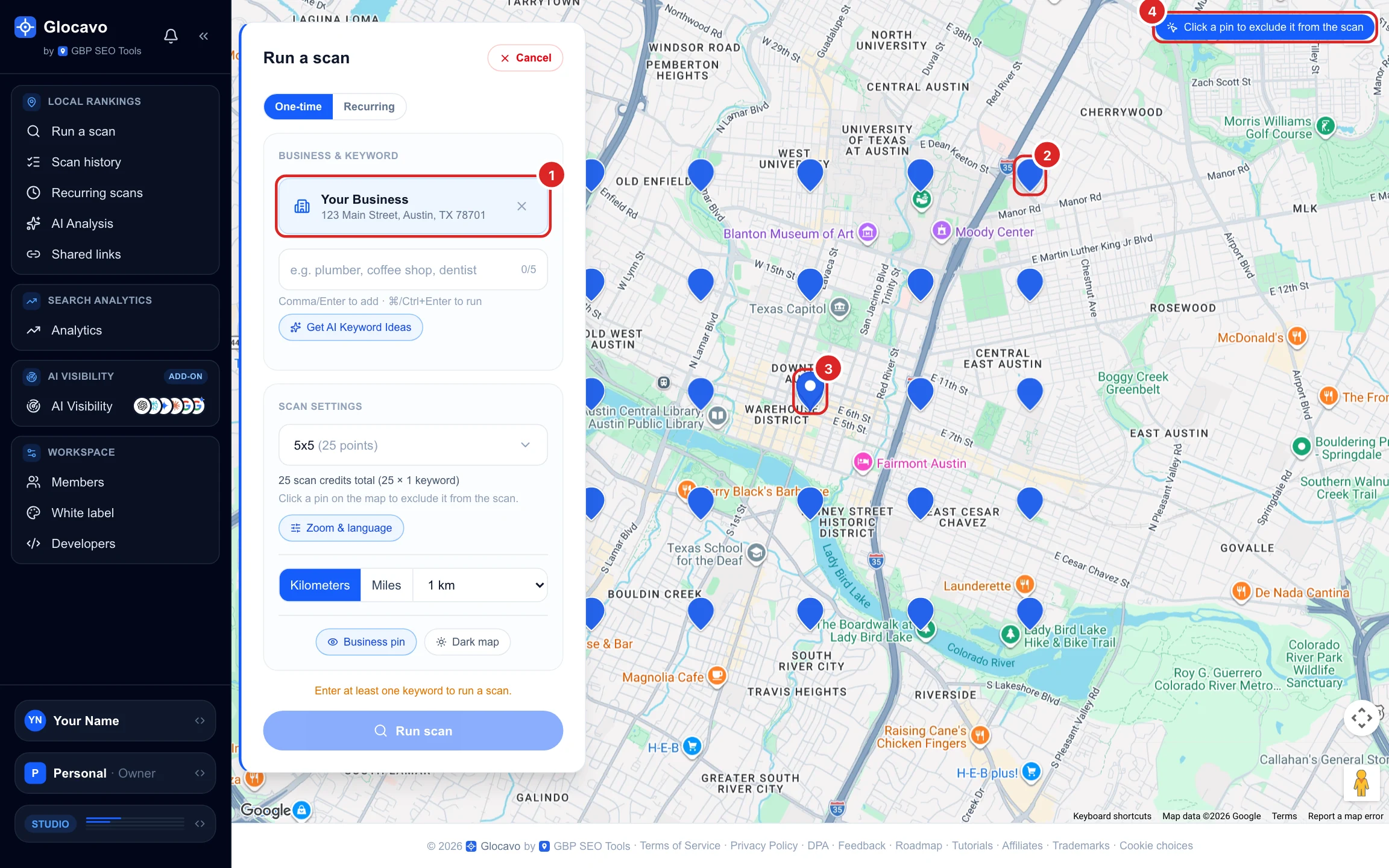 The Run a scan form with Your Business picked and a 5x5 grid of blue pins around the business on a map of Austin