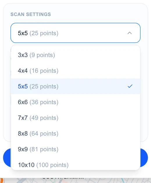 The grid size menu open with options from 3x3 (9 points) to 10x10 (100 points)