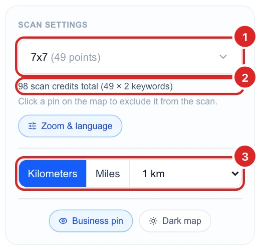 Scan settings with a 7x7 grid, the 98 scan credits total line and the Kilometers, Miles and 1 km distance picker