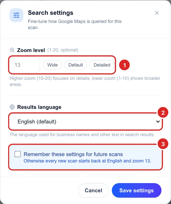 The Search settings window with the zoom level box and shortcuts, the results language menu and the Remember these settings checkbox
