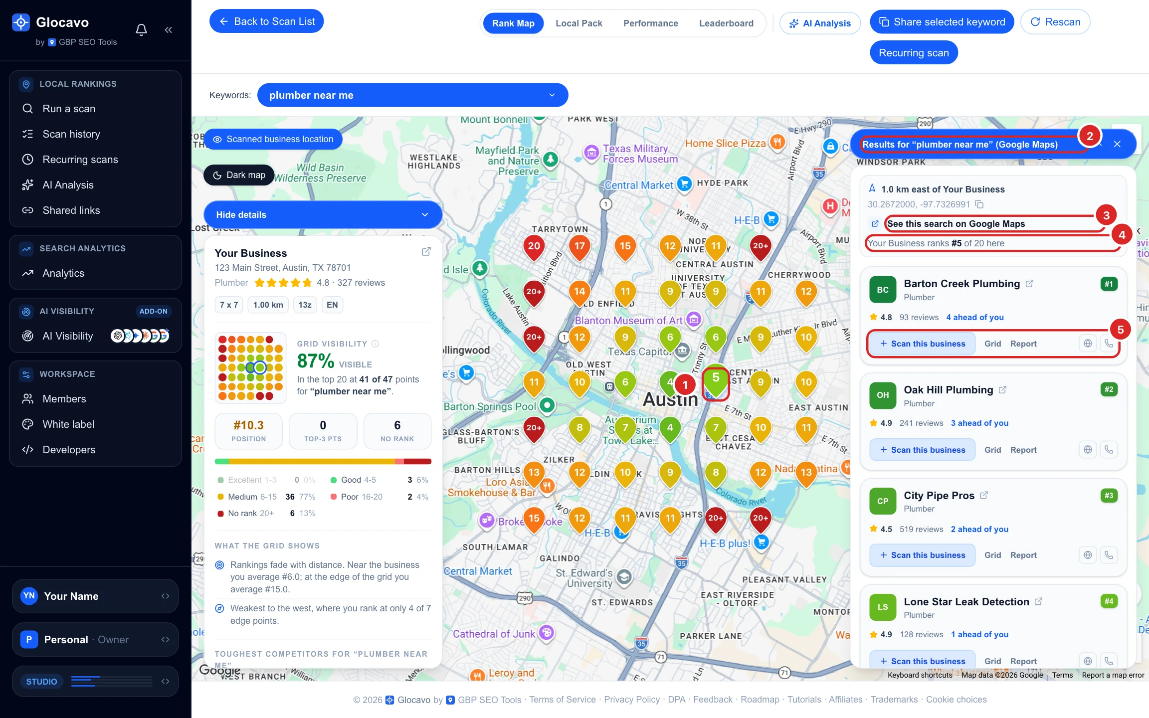 The rank map with one pin clicked and a panel listing the Google Maps top 20 at that point, with Your Business at number 5