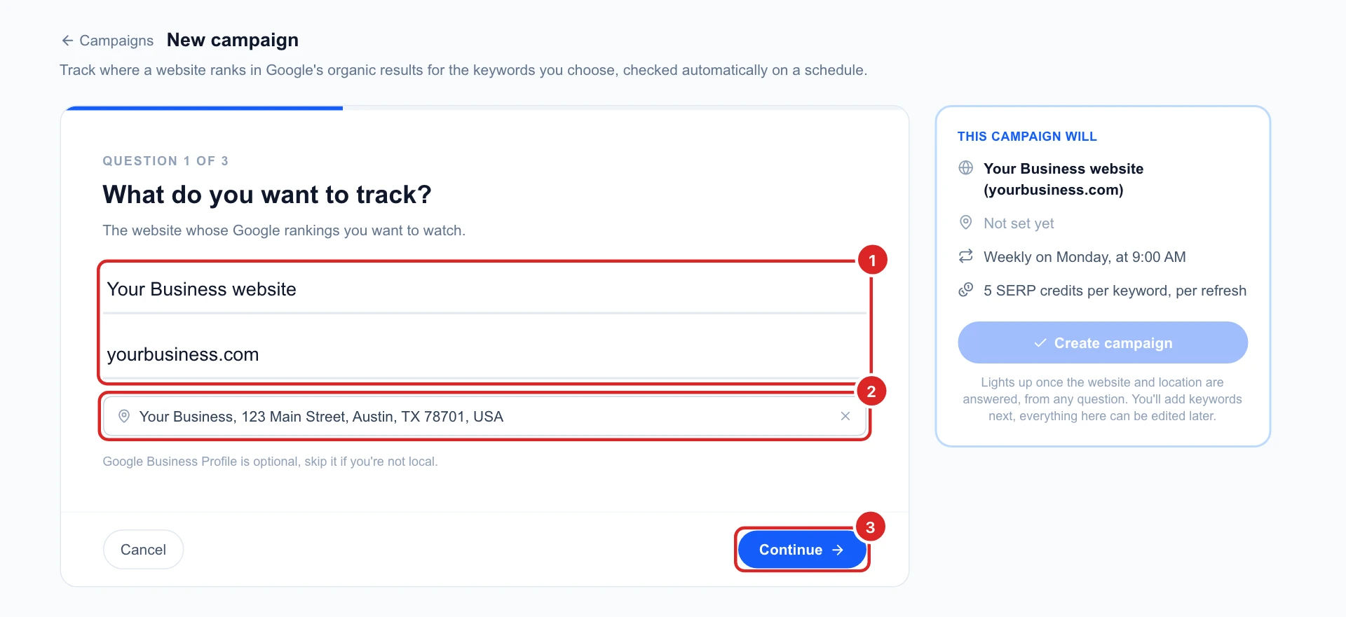 Question 1 of 3, What do you want to track, with the campaign name, the domain yourbusiness.com and the business picked