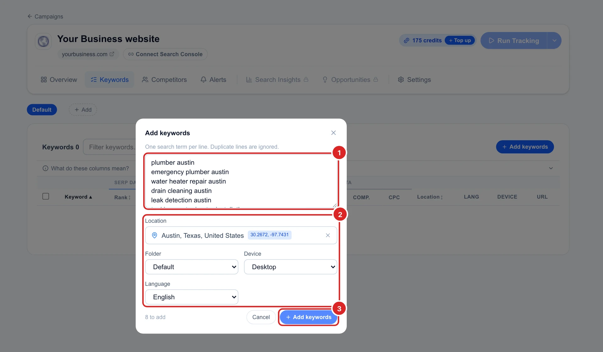 The Add keywords window with eight plumbing keywords, the location Austin, Texas, the Default folder, Desktop, English and the Add keywords button