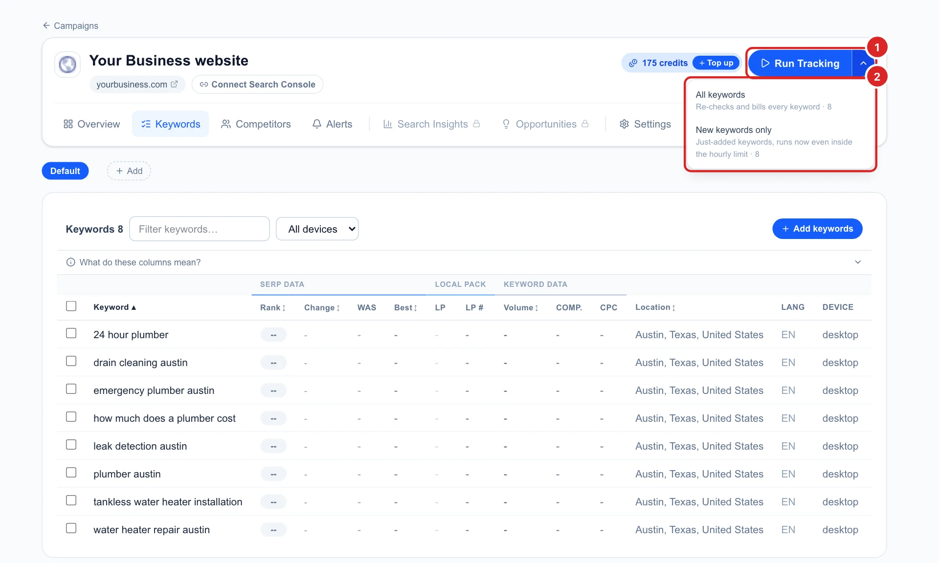 The Keywords tab with eight unchecked keywords, the Run Tracking button and its menu: All keywords and New keywords only