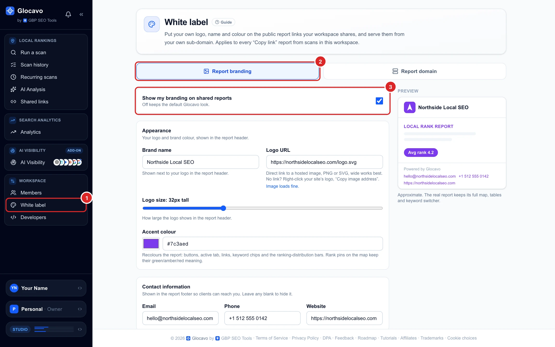 The White label screen: the Report branding tab, the Show my branding on shared reports setting ticked, the Appearance form and a preview of the branded report