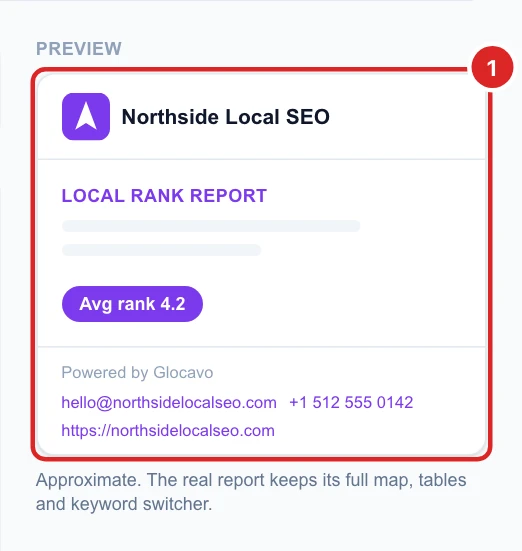 The preview: the Northside Local SEO logo and name, Local rank report and an Avg rank badge in purple, and the agency's email, phone and website in the footer