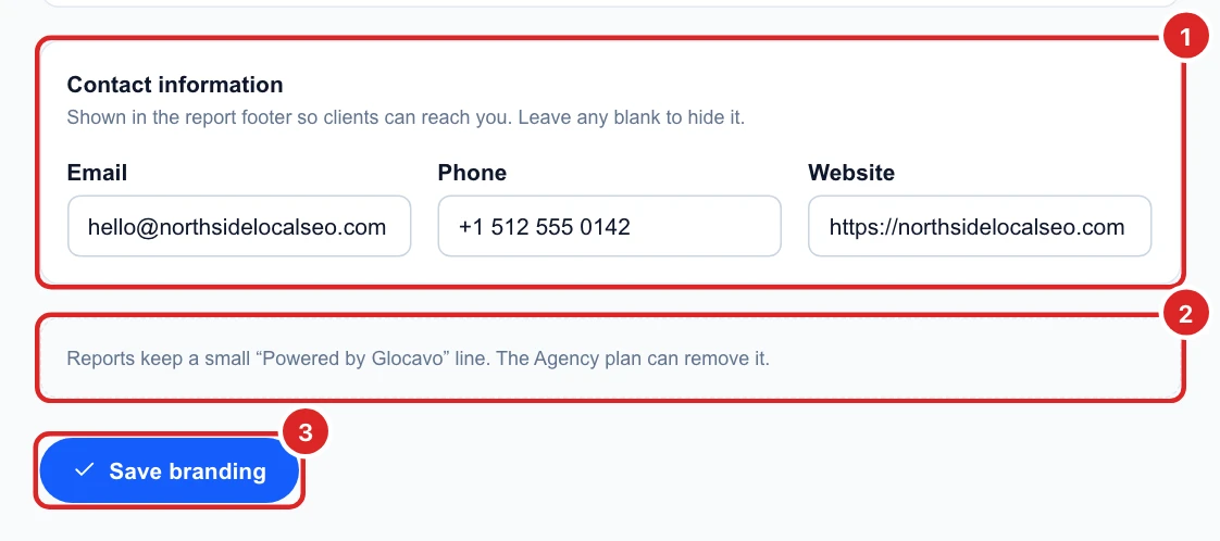 Contact information with an email, phone and website, the Powered by Glocavo note, and the Save branding button