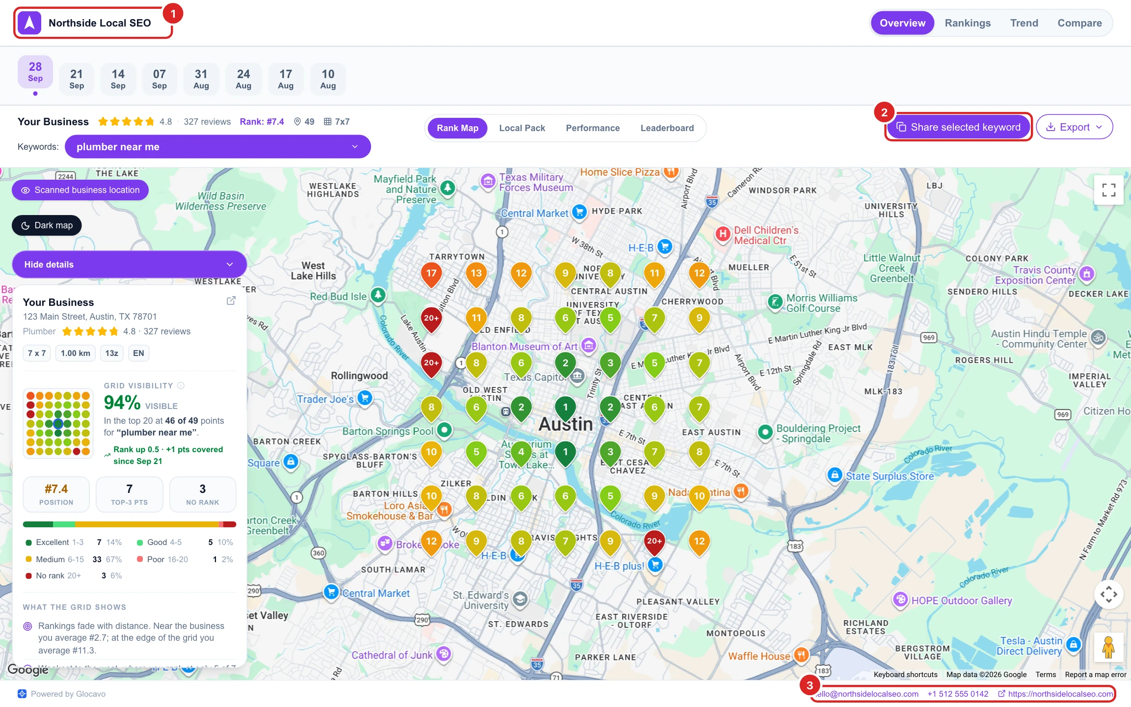 A shared rank report for Your Business with the Northside Local SEO logo and name at the top, purple buttons and tabs, and the agency's email, phone and website at the bottom